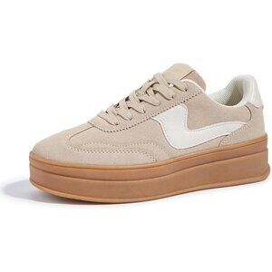 Women Platform Beige Sneaker Thick Sole Suede Leather Low Top Walking Shoes